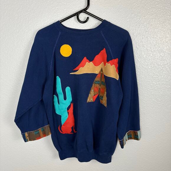 Hanes Sweaters - VTG Hanes Size XL Desert Theme Embroidered Sweater Aztec Style Statement Cuffs